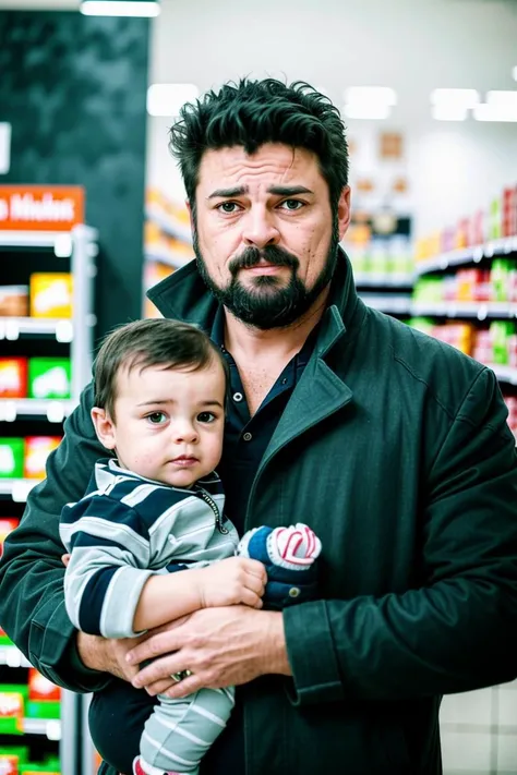 photo of a (butcher),  serious look, (holding a baby:1.2), looking at camera, standing at (grocery store), (sharp focus:1.1)
 <lyco:ButcherDogu:0.85>