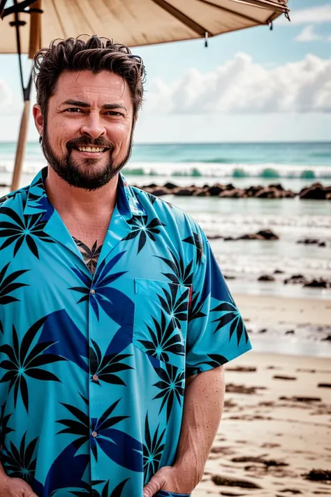 photo of a (butcher),  smile, (wearing hawaiian shirt:1.2), looking at camera, standing at (beach), (sharp focus:1.1)
 <lyco:ButcherDogu:0.85>