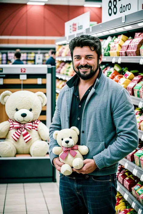 photo of a (butcher),  smile, (holding a teddy bear:1.2), looking at camera, standing at (grocery store), (sharp focus:1.1)
 <lyco:ButcherDogu:0.85>