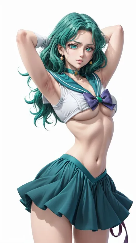 a closeup, 1girl in, Sailor Neptune, aqua eyes, Dark green hair, Medium Hair, (Body tights, Black latex long gloves and boots, Aqua-colored lines on the body, Heart Nipple Less, The navel is visible, Tattoo of the lower abdomen:1.1), Eyes without light, grin, Black ornament on forehead, Bat feather hair ornament, Spread your legs apart, Mechanical chair,Sit on a pipe that glows pink , top-quality, ​masterpiece, hight resolution, intricate detailes, ((realisitic)), black latex gloves, medium breasts⁩, chastity belt, natta