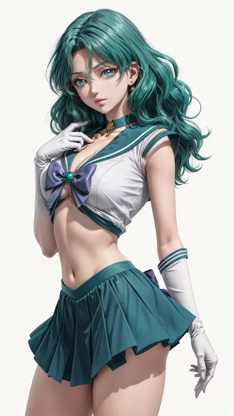 <lora:GoodHands-vanilla:1>, (masterpiece, 4k, best quality:1.2, ((cowboy shot)), best quality:1.2, NICE HANDS, COLORFUL, (perfect hands, perfect anatomy)),
sailor neptune, mature woman, aqua eyes, dark green hair, medium hair, sailor senshi uniform, chest bow, back bow, plead skirt, white elbow gloves, sailor collar, ((small breast, big hips, looking at the viewer, cleavage, front view)), (ABS:0.7), ((UNDERBOOB)),
, ((simple background, white background)), <lora:GoodHands-vanilla:1>