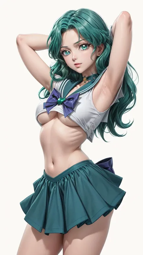 <lora:GoodHands-vanilla:1>, (masterpiece, 4k, best quality:1.2, ((cowboy shot)), best quality:1.2, NICE HANDS, COLORFUL, (perfect hands, perfect anatomy)),
sailor neptune, mature woman, aqua eyes, dark green hair, medium hair, sailor senshi uniform, chest bow, back bow, plead skirt, white elbow gloves, sailor collar, ((small breast, big hips, looking at the viewer, cleavage, front view)), (ABS:0.7), ((UNDERBOOB)),((arms up, hands behind head)), (rounded butt),
, ((simple background, white background)), <lora:GoodHands-vanilla:1>