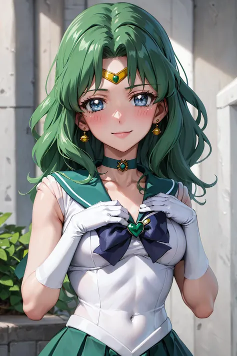 (best quality:1.1), (masterpiece:1.4), (absurdres:1.0), portrait, close-up,
1girl, sailor neptune, (mature woman:1.3), small breasts, aqua eyes, dark green hair, medium hair, sailor senshi uniform, plead skirt, looking at viewer, alley, (blush:1.2), smile, aged up, hand on chest,
<lora:Kizuki - Sailor Moon - Sailor Neptune:0.95>