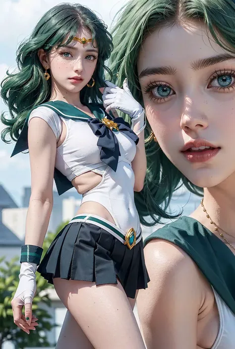 <lora:Kizuki_-_Sailor_Moon_-_Sailor_Neptune:0.65>, close-up, 1girl, sailor neptune, (sailor senshi uniform:1.2), (aqua eyes:0.9), dark green hair, medium hair, plead skirt, best quality, earrings, masterpiece, high resolution, intricate details, (( realistic )), photographic, (white elbow gloves:1.1), jewelry, <lora:GirlfriendMix2:0.8>, Medium breast, full body, Dynamic background, dynamic posture, high heels,