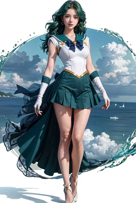 <lora:Kizuki_-_Sailor_Moon_-_Sailor_Neptune:0.65>, close-up, 1girl, sailor neptune, (sailor senshi uniform:1.2), (aqua eyes:0.9), dark green hair, medium hair, plead skirt, best quality, earrings, masterpiece, high resolution, intricate details, (( realistic )), photographic, (white elbow gloves:1.1), jewelry, <lora:GirlfriendMix2:0.8>, Medium breast, full body, Dynamic background, dynamic posture, high heels,