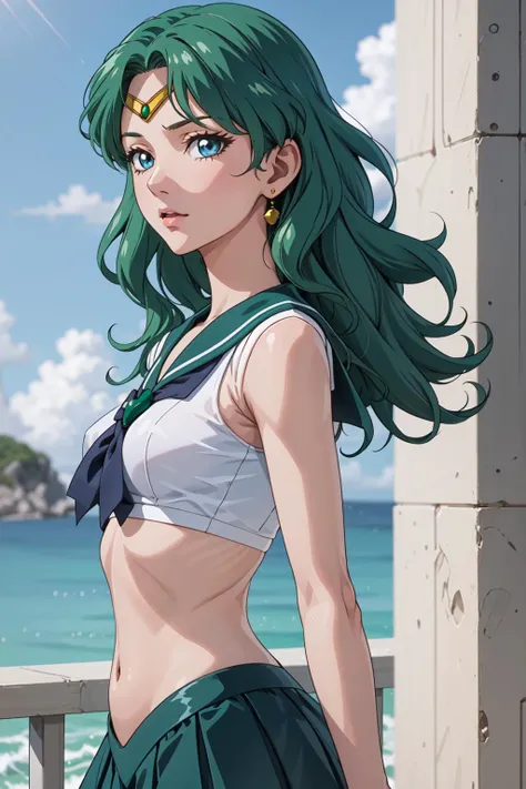 masterpiece, best quality, 1girl, solo, <lora:Kizuki - Sailor Moon - Sailor Neptune:1>, sailor neptune, mature woman, small breasts, aqua eyes, dark green hair, medium hair