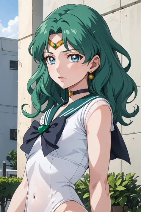 masterpiece, best quality, 1girl, solo, <lora:Kizuki - Sailor Moon - Sailor Neptune:1>, sailor neptune, mature woman, small breasts, aqua eyes, dark green hair, medium hair