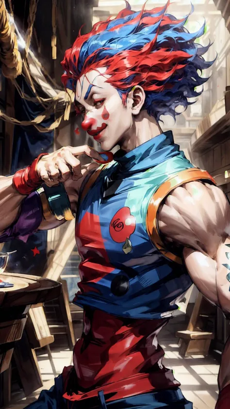 <lora:edgClussy_retrained-v2.1:0.5> (red clown nose, edgClussy:1.15), BREAK, <lora:Hisoka, HUNTER x HUNTER:0.7> hisoka \(hunter x hunter\:1.10), sleeveless, masterpiece, best quality, extremely detailed, highly quality, 4k, sharp focus, professional, sharp focus, award winning, cinematic lighting, octane render, unreal engine, volumetrics dtx, Wallpaper,