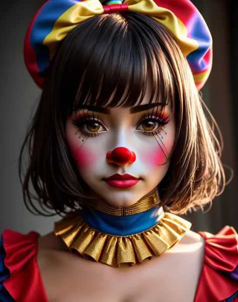 Masterpiece, high quality, 4K, beautiful design, shiny, from the front, award winning photo, extremely detailed, amazing, fine detail, absurdres, highly detailed woman, extremely detailed eyes and face, by lee jeffries nikon d850 film stock photograph 4 kodak portra 400 camera f1.6 lens rich colors hyper realistic lifelike texture dramatic lighting unrealengine trending on artstation cinestill 800 tungsten, solo, 1girl,
<lora:Clussy:0.8>, clussy, a woman dressed in a costume with a clown face , wearing clussy, red clown nose