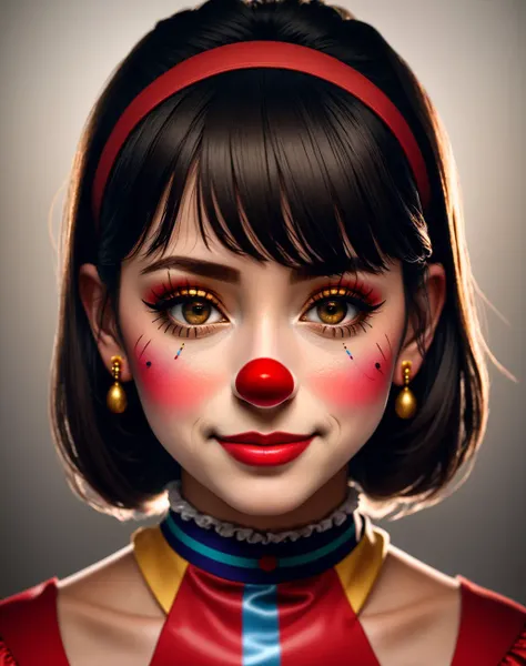 Masterpiece, high quality, 4K, beautiful design, shiny, from the front, award winning photo, extremely detailed, amazing, fine detail, absurdres, highly detailed woman, extremely detailed eyes and face, by lee jeffries nikon d850 film stock photograph 4 kodak portra 400 camera f1.6 lens rich colors hyper realistic lifelike texture dramatic lighting unrealengine trending on artstation cinestill 800 tungsten, solo, 1girl, smiling, excited,sexy,
<lora:Clussy:0.8>, clussy, a woman dressed in a costume with a clown face , wearing clussy, red clown nose