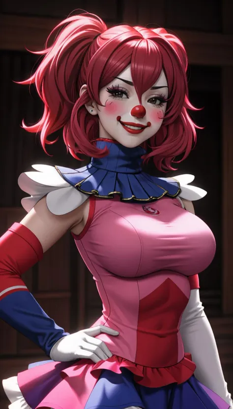 Masterpiece, absurdres,HDR,8k,excited,smirking,best quality, edgClussy,red clown nose, a woman wearing edgClussy,turtleneck<lora:edgClussy_retrained-v2.1:0.75>