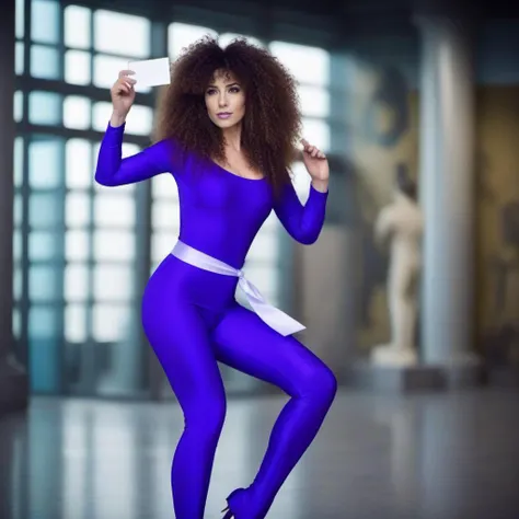 cinematic photo a woman dressed in purple catsuit and blue ribbon belt and big hair  in a museum throws a small white card   <lora:Catseye1024-000210:0.8> . 35mm photograph, film, bokeh, professional, 4k, highly detailed