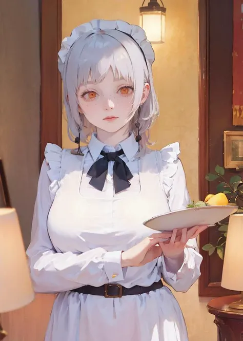 best quality,8k CG,highres,soft lighting,cinematic light,ambient lighting,sidelighting,Exquisite details and textures,(HDR:1),professional lighting,Studio Lighting,(ultra high res:1.1),
<lora:78j77c:0.5>,<hypernet:dalcefoNocopyV2_:0.5>,(huge breasts:1.3),(cleavage:1.2),(wide hips:1.2),(parted bangs:1.6),(high ponytail:1.2),<lora:fami:1>,1girl,hat,grey hair,short hair,earrings,yellow eyes,cool girl,expressionless,(freckles:1.2),pussy_lily_front,pussy,<lora:Pussy_Lily_v5:1:1:lbw=1,1,1,1,1,1,1,1,0,0,0,1,1,1,1,1,1>,(maid:1.5),(labcoat:1.2),<lora:ClothingAdjuster2:-1>,