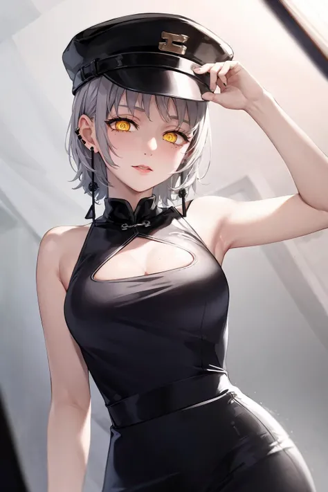 masterpiece, best quality, <lora:fami:1>,1girl,hat,grey hair, short hair,yellow eyes, earrings, chinese dress