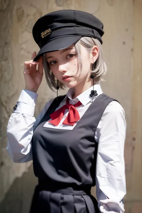 masterpiece, best quality, <lora:fami:1>,1girl,hat,grey hair, short hair,earrings, red bow, school uniform, cool girl,expressionless, freckles