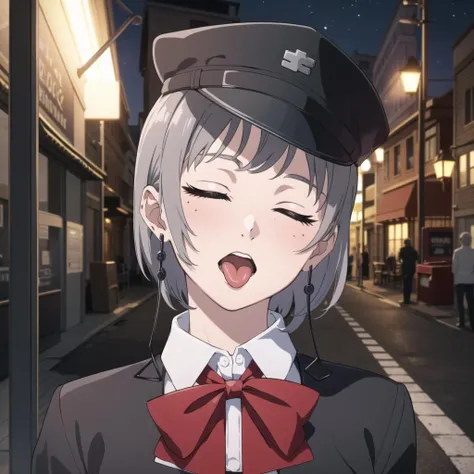 1girl, solo,1girl,hat,grey hair, short hair,triangle shapped earrings,red bow, school uniform, ,open mouth, tongue, tongue out, beauty spots,closed eyes,  <lora:fami:0.9>,head tilt, outdoor,street,city,night,(Upper_body),(Focus on her face), official art,extremely detailed CG unity 8k wallpaper, perfect lighting,Colorful, Bright_Front_face_Lighting,shiny skin, (masterpiece:1.0),(best_quality:1.0),