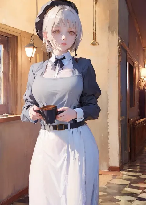 best quality,8k CG,highres,soft lighting,cinematic light,ambient lighting,sidelighting,Exquisite details and textures,(HDR:1),professional lighting,Studio Lighting,(ultra high res:1.1),
<lora:78j77c:0.5>,<hypernet:dalcefoNocopyV2_:0.5>,(huge breasts:1.3),(cleavage:1.2),(wide hips:1.2),(parted bangs:1.6),(high ponytail:1.2),<lora:fami:1>,1girl,hat,grey hair,short hair,earrings,yellow eyes,cool girl,expressionless,(freckles:1.2),pussy_lily_front,pussy,<lora:Pussy_Lily_v5:1:1:lbw=1,1,1,1,1,1,1,1,0,0,0,1,1,1,1,1,1>,(maid:1.5),(labcoat:1.2),<lora:ClothingAdjuster2:-1>,