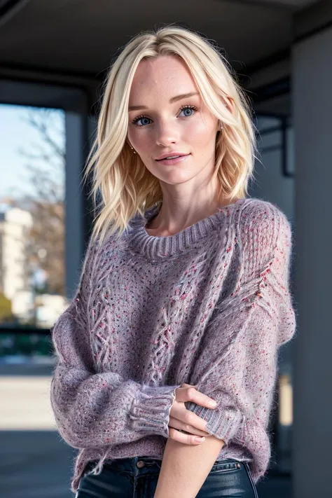 photo of S084_SammieDaniels, a cute woman, in a (cold-place), wearing a (warm-sweater), (8k, RAW photo, best quality, DOF, ultra high res:1.2), (absurdres, intricate, photorealistic, masterpiece, ultra-detailed, Unreal Engine:1.3)