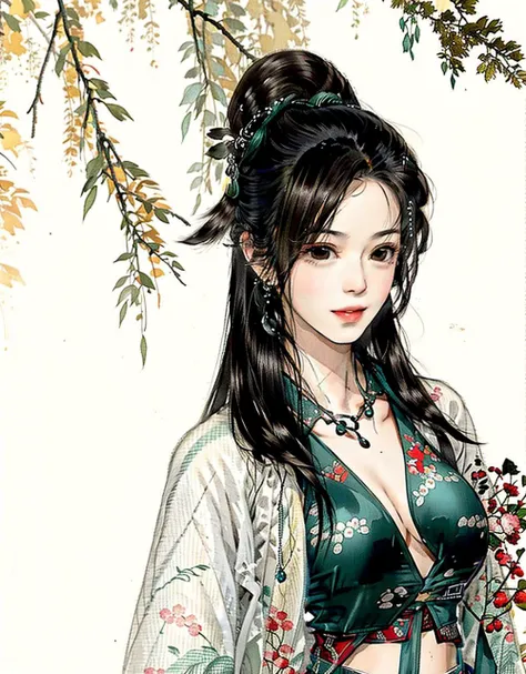 4K,shukezouma, negative space, , shuimobysim , portrait of a woman standing , willow branches, (masterpiece, best quality:1.2), traditional chinese ink painting, modelshoot style,medium breasts, (breasts out:1.3), no bra, (undressing:1.5), peaceful, (smile), looking at viewer, hanfu, song, willow tree in background, wuchangshuo, <lora:chilloutmix_Vi:0.6> <lora:Moxin_10:0.4>