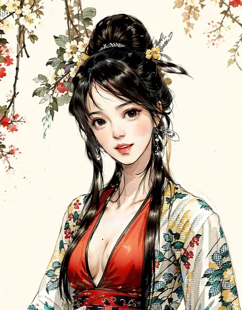 4K,shukezouma, negative space, , shuimobysim , portrait of a woman standing , willow branches, (masterpiece, best quality:1.2), traditional chinese ink painting, modelshoot style,medium breasts, (breasts out:1.3), no bra, (undressing:1.5), peaceful, (smile), looking at viewer, hanfu, song, willow tree in background, wuchangshuo, <lora:chilloutmix_Vi:0.6> <lora:Moxin_10:0.4>
