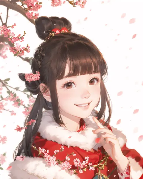 snow, Plum blossoms, plum branches background, red plum petals, Bun head, happy, smile, lively, fur shawl, bangs, 1girl,solo, portrait of a girl