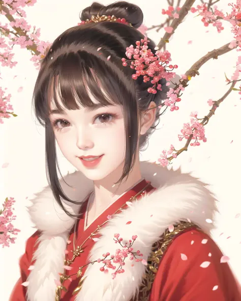 snow, Plum blossoms, plum branches background, red plum petals, Bun head, happy, smile, lively, fur shawl, bangs, 1girl,solo, portrait of a girl