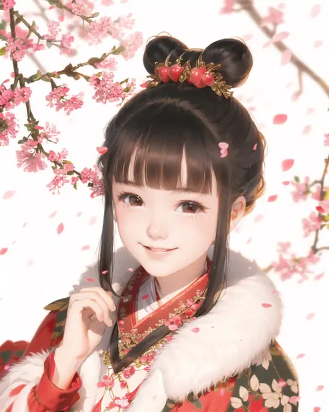 snow, Plum blossoms, plum branches background, red plum petals, Bun head, happy,smile, lively, fur shawl, bangs, 1girl,solo, portrait of a girl