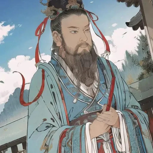 masterpiece,  best quality,   extremely detailed CG, Zen atmosphere,  anime screencap, long beard, 1 boy,  Daoist uniform,  long sleeves,  Touji,   solo, Chinese long beard,  <lora:Chinese_Long_Beard_v2-000002:0.4>, <lora:xuanxue_v2.0:0.6>. ribbon, cloud,   sky,fantasy,