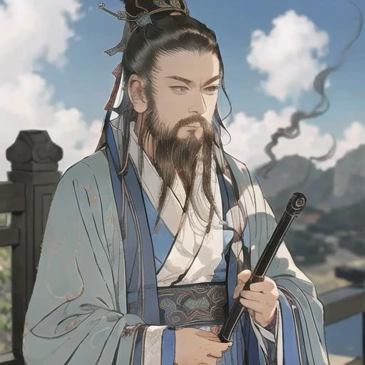 masterpiece, best quality, extremely detailed CG, Zen atmosphere, anime screencap, long beard, 1 boy, Daoist uniform, long sleeves, Touji, solo, Chinese long beard, <lora:Chinese_Long_Beard_v2-000002:0.5>, <lora:xuanxue_v2.0:0.4>. ribbon, cloud, smoke, sky,
