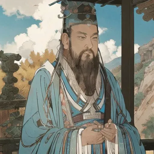 masterpiece,  best quality,   extremely detailed CG, Zen atmosphere,  anime screencap, long beard, 1 boy\(immortal\),  Daoist uniform,  jewelry,  long sleeves,  Touji,   solo, Chinese long beard,  <lora:Chinese_Long_Beard_v2-000002:0.4>, <lora:xuanxue_v2.0:0.6>. cloud,   sky,fantasy,