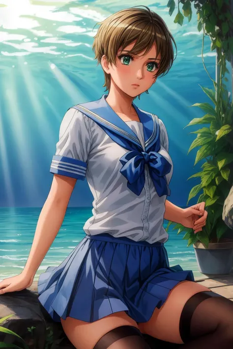 ((best quality)), ((masterpiece)), ((extremely detailed)), (perfect composition), (perfect anatomy), illustration, high-res, dynamic angle, 1girl, drowning under the sea, kanzakihitomi, solo, dark green eyes, focus sharp, matured, short hair, serafuku, blue bow, serious, (zettai ryouiki), tomboy, fantasy, baralegs, tomboy. <lora:Kanzaki_Hitomi:0.8> <lora:Tomboy:1> <lora:add_detail:0.7>
