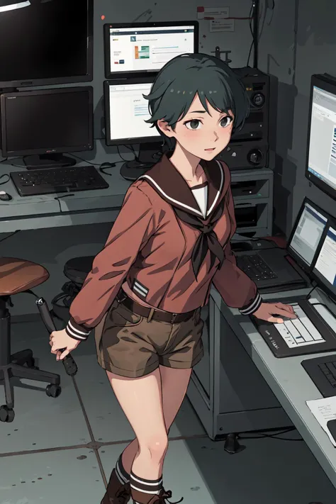 (masterpiece,best quality:1.2),MogamiKC, serafuku, (brown) sailor collar, (black) neckerchief, (brown) shorts, (black) socks, boots,1girl,standing,in warship control room,no windows,metal,computers, <lora:Mogami:0.8>