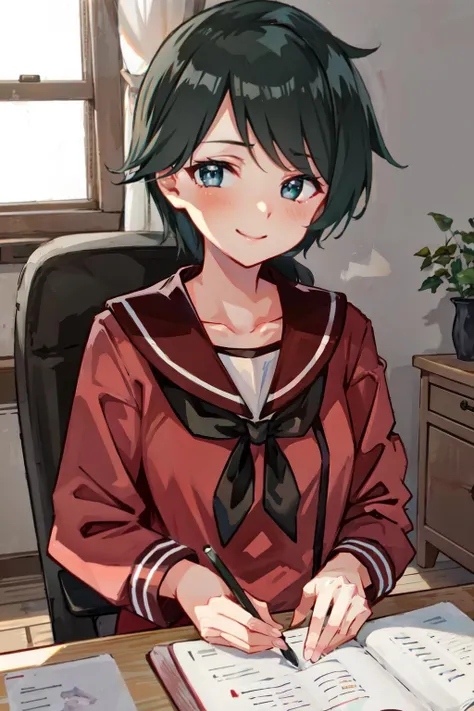 (masterpiece, best quality, illustration, delicate details, 8K:1.2), (studio light, best shadow, picturesque), (KonishiCSA:0.7)|(KujouCSA:0.3),
BREAK, (perfect anatomy), (symmetric eyes, perfect eyes, detailed eyes:1.2), (sharp eyeliner, finely detailed beautiful face), (green eyes),
BREAK, nice hands, perfect hands, hand by Guido Daniele,
BREAK, 1girl, solo,
BREAK, MogamiKC, serafuku, (brown) sailor collar, (black) neckerchief, (long sleeves) serafuku,
BREAK, upper body shot, oblique portrait, looking at viewer, facing to viewer, smile, (indoor, living room), sitting, chair,
BREAK, <lyco:hands:1>, <lora:CSA-v0.1:0.55>, <lora:Mogami-10:1>