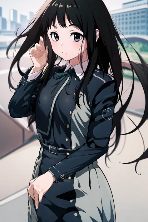 masterpiece, best quality, 1girl, <lora:lycorisRecoilTakina_takinaInoueBeta01:1>, cowboy shot, delicate eyes,long_hair, black_hair, trembling, ribbon, school_uniform, long_sleeves, jacket, <lora:meryV2:1>, looking at viewer,
