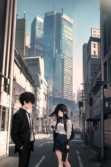 masterpiece, best quality, 1boy, school uniform, hand in pocket, school bag, black hair, black eyes, <lora:meryV2:1>, cyberpunk, cityscape, skyscraper