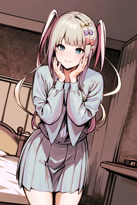masterpiece, best quality, 1girl, cowboy shot, delicate eyes, <lora:meryV2:1>, <lora:kangelNeedyGirl_v10:1>, school uniform, kangel, smile, bedroom, leaning forward, bedroom, multiple tails, closed mouth,