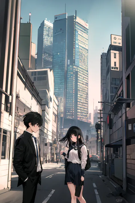 masterpiece, best quality, 1boy, school uniform, hand in pocket, school bag, black hair, black eyes, <lora:meryV2:1>, cyberpunk, cityscape, skyscraper