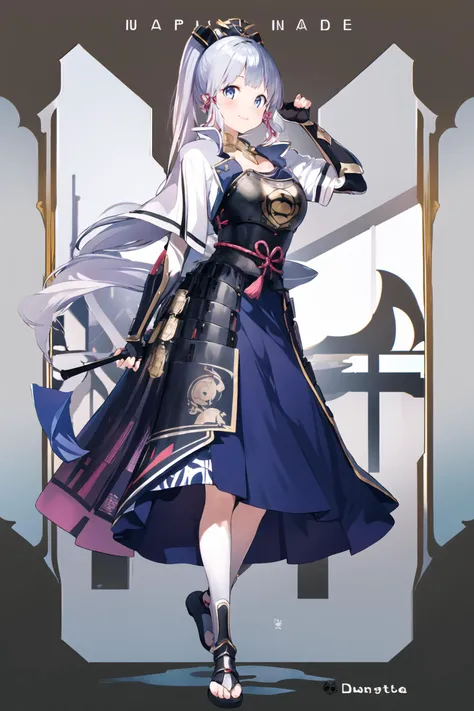 masterpiece, best quality, 1girl, full body, delicate eyes, <lora:mery:1>, looking at viewer, <lora:kamisatoAyakaGenshin_kamisatoAyaka:1>, kamisato_ayaka, smile, arm guards, armored dress, breastplate, japanese armor, hand fan, fingerless gloves