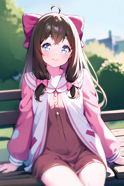 masterpiece, best quality, 1girl, cowboy shot, delicate eyes, <lora:meryV2:1>, looking at viewer, <lora:jiaranV23:0.8>, jiaran, brown hair, hair bow, pink jacket, blue eyes, park, sitting on bench, reaching towards viewer, selfie, dynamic angle, light smile