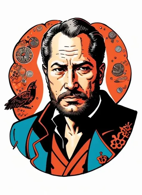 Splendid vp1, 1man, <lora:VincentPrice1:.7> ((drawing in the style of, Kikuji Yamashita)) ((Art in the style of Mike Mignola)) trippy, man, \solo, man in Henley , ultra detailed, hyperrealistic, 80mm, 4k, 8k, 8k intricate, high resolution
