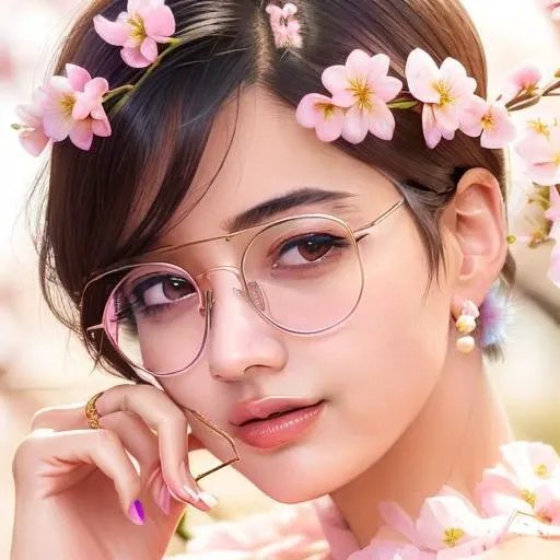 a woman <lora:rashmika_model:1>, ((detailed face, short hair,rings, pink and blue color hairs)), in white bra, glasses, looking at camera, realistic, cherry blossom flowers, (half body)