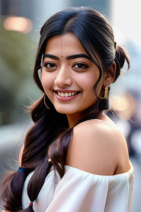 Best quality, masterpiece, ultra high res, (photorealistic:1.4), raw photo, 1girl rashmika <lora:rashmika_model:0.85>, offshoulder, in the dark, deep shadow, low key, cold light, teasing smile, twintails hair, Tokyo city background, night, close up