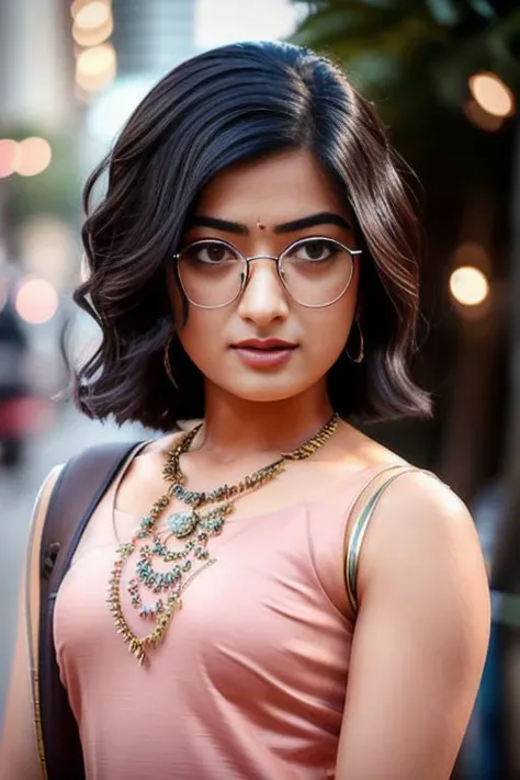 (8k),best quality, (photorealistic,realistic:1.2), 1women rashmika <lora:rashmika_model:0.85>   , solo, detailed face, standing,black hair,(hair ornament:1.35), (looking at viewer:1.5),short hair, black eyes, bangs, lips, glasses