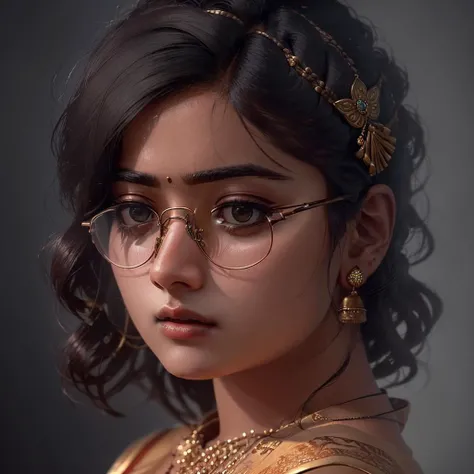 (8k), best quality, (photorealistic, realistic:1.2), 1women rashmika <lora:rashmika_model:0.85>, solo, detailed face, standing, black hair, (hair ornament:1.35), (looking at viewer:1.5), short hair, black eyes, bangs, lips, glasses