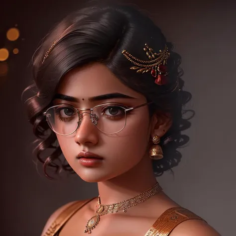 (8k), best quality, (photorealistic, realistic:1.2), 1women rashmika <lora:rashmika_model:0.85>, solo, detailed face, full body, standing, black hair, (hair ornament:1.35), (looking at viewer:1.5), short hair, black eyes, bangs, lips, glasses