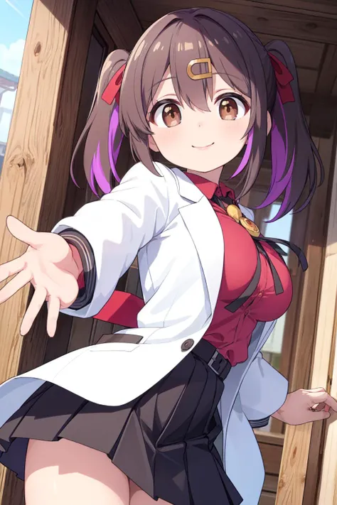 (masterpiece:1.2), (best_quality:1.2), ultra high res, ultra-detailed, 8K, HDR, highres, anime, highly detailed, (best shadow), (absurdres),
BREAK <lora:miharioyamatest:0.8>, mihari oyama, (large breast:), (perfect proportion:1.2), (narrow waist),
BREAK black hair, (brown eyes:1.35), hair between eyes, hair ornament, hair ribbon, hairclip, medium hair, multicolored hair, purple hair, ribbon, streaked hair, twintails, two-tone hair,
BREAK black skirt, bolo tie, lab coat, long sleeves, red ribbon, red shirt, ribbon, shirt, skirt, wing collar,
BREAK upper body, outdoors, school courtyard, smile, from below, dynamic pose, <lora:more_details:0.3>,