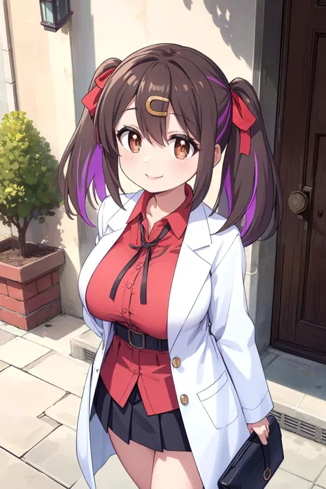 (masterpiece:1.2), (best_quality:1.2), ultra high res, ultra-detailed, 8K, HDR, highres, anime, highly detailed, (best shadow), (absurdres),
BREAK <lora:miharioyamatest:0.8>, mihari oyama, (large breast:), (perfect proportion:1.2), (narrow waist),
BREAK black hair, (brown eyes:1.35), hair between eyes, hair ornament, hair ribbon, hairclip, medium hair, multicolored hair, purple hair, ribbon, streaked hair, twintails, two-tone hair,
BREAK black skirt, bolo tie, lab coat, long sleeves, red ribbon, red shirt, ribbon, shirt, skirt, wing collar,
BREAK upper body, outdoors, school courtyard, smile, from below, dynamic pose, <lora:more_details:0.3>,