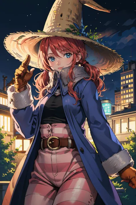 masterpiece, best quality,  <lora:FinalFantasy_FemaleBlackMage:1> BlackMageFFT, witch hat, hat, covered mouth, blue coat, black shirt, belt, striped pants, gloves, forest, night  <lora:vanille-nvwls-v1-final:0.8> vanille, sky, cityscape, looking at viewer, smile