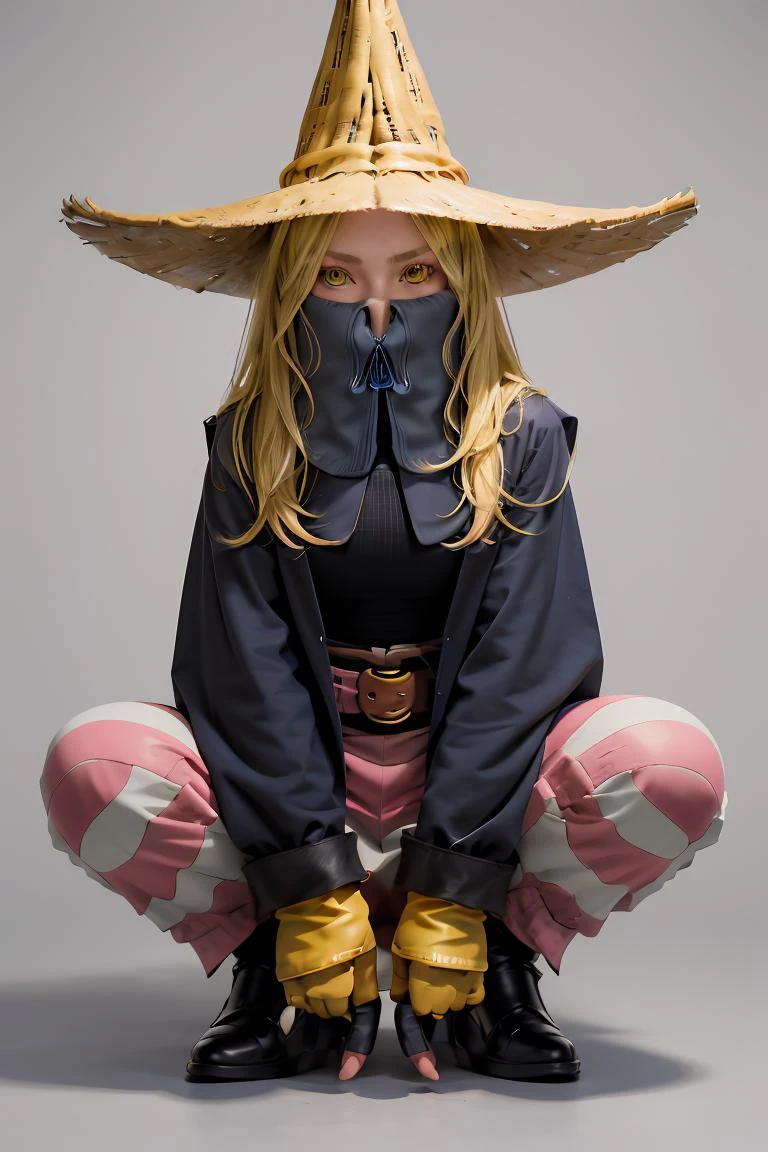 (masterpiece, best quality), 1girl, <lora:FinalFantasy_FemaleBlackMage:1> BlackMageFFT, long hair, blonde hair, yellow eyes, witch hat, hat, covered mouth, blue coat, black shirt, belt, striped pants, gloves, shoes,