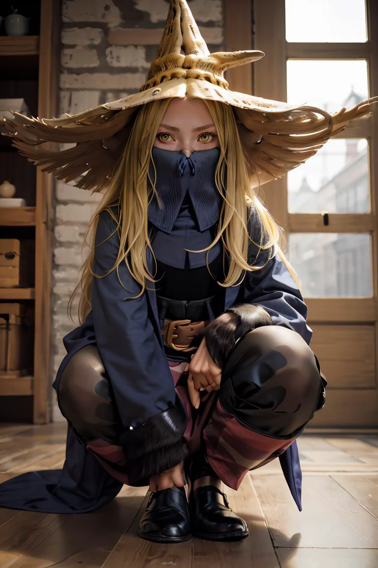(masterpiece, best quality), 1girl, <lora:FinalFantasy_FemaleBlackMage:1> BlackMageFFT, long hair, blonde hair, yellow eyes, witch hat, hat, covered mouth, blue coat, black shirt, belt, striped pants, gloves, shoes,